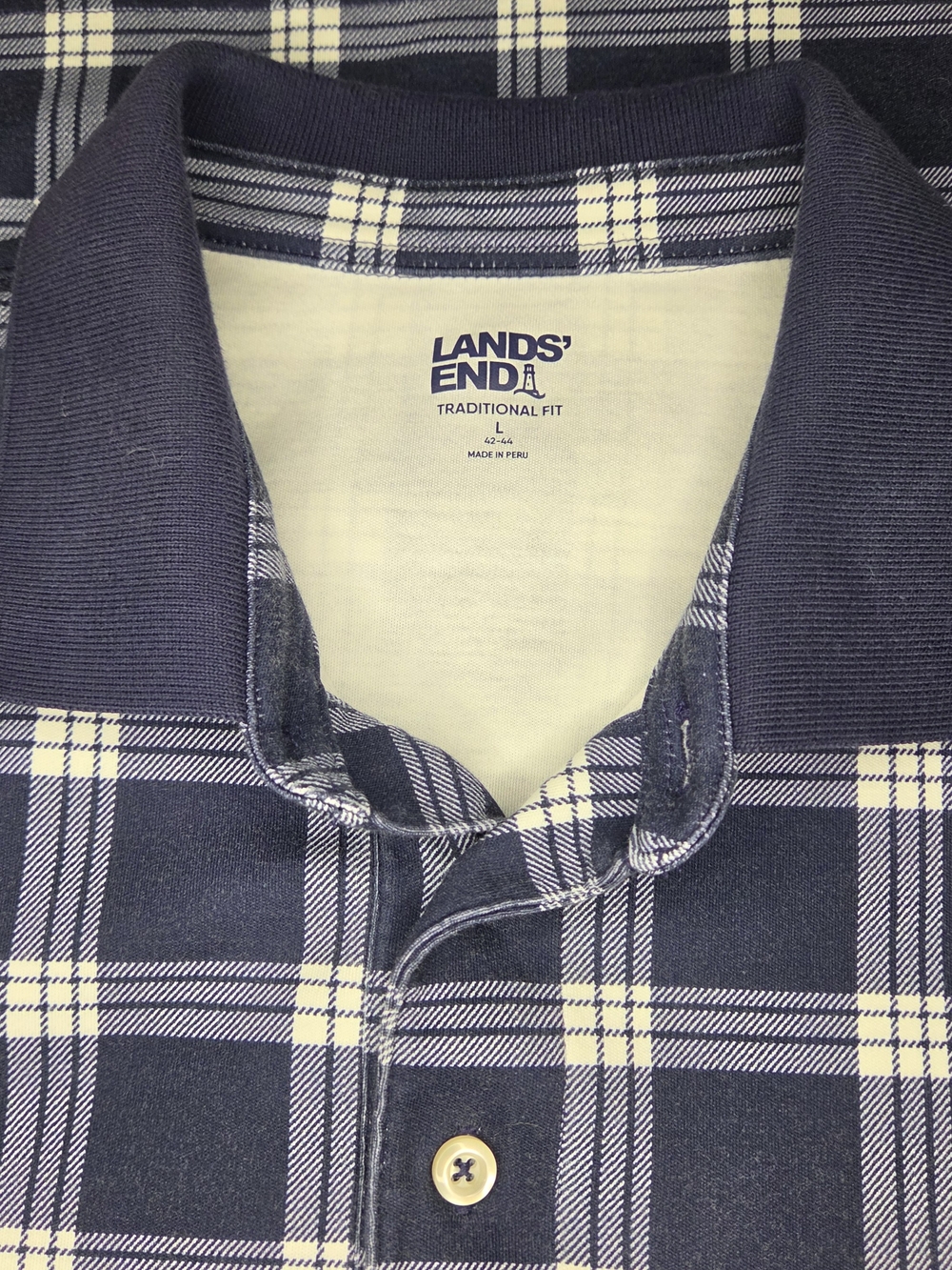Lands' End Men's Navy and White Plaid Button-Up Shirt Size Large